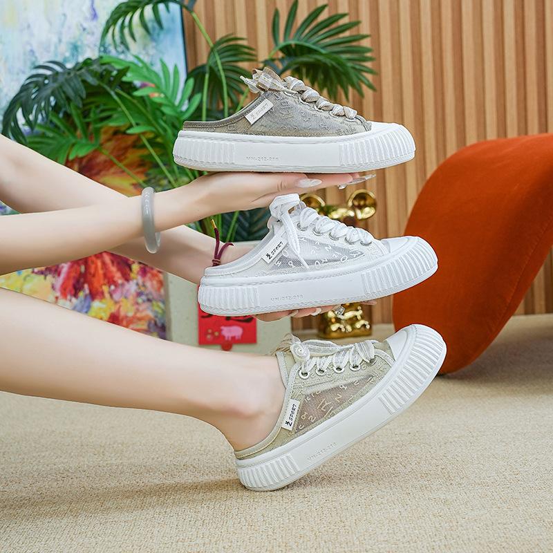 Baotou Muiltjes Dames Zomer Nieuw Dikke zool Veelzijdig Luie Sandalen Mesh Ademend Plat zool Witte Schoenen