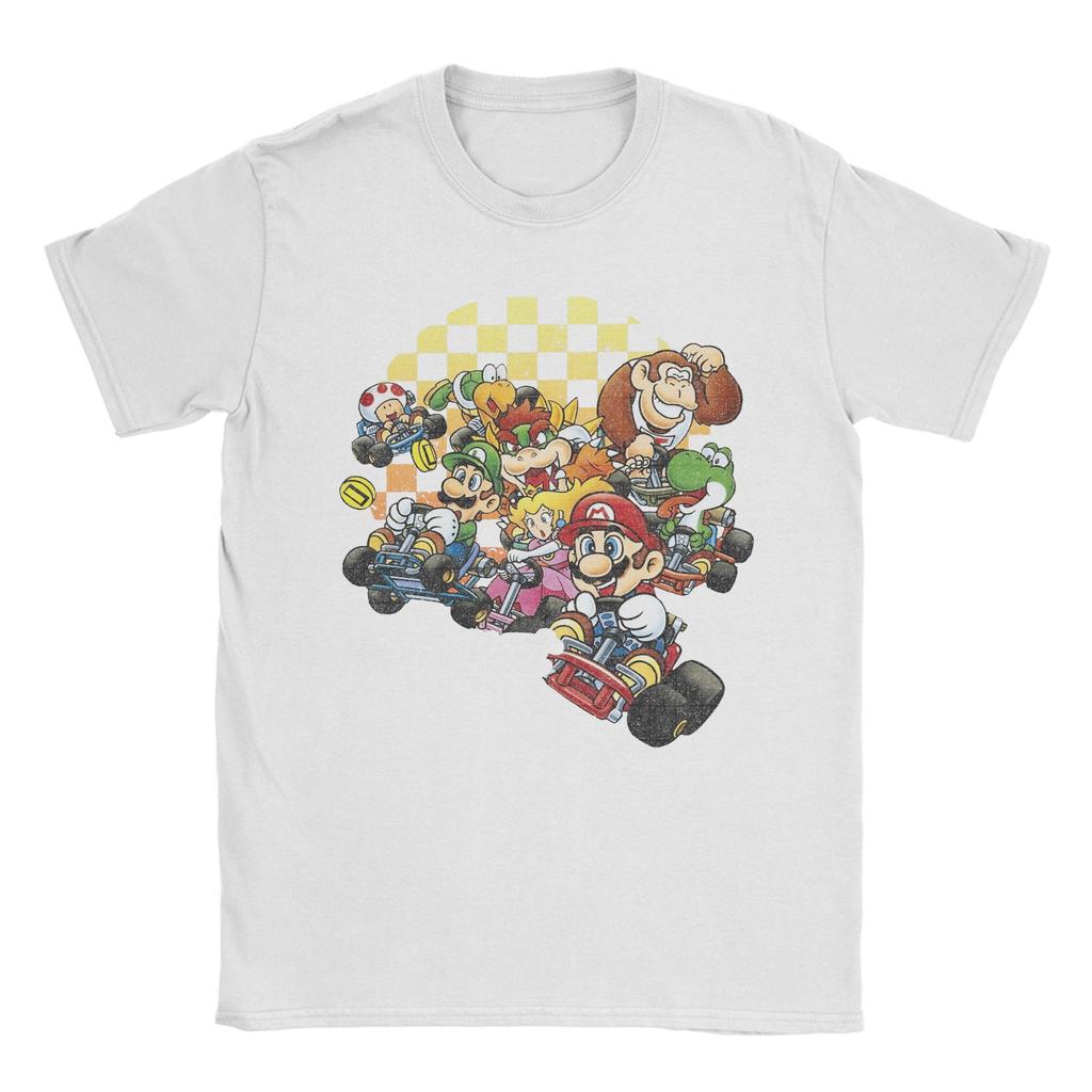Unisex Marios Kart Group Shot Checkered Poster T Shirts Pure Cotton Clothing Funny Round Collar Tees Plus Size TShirt