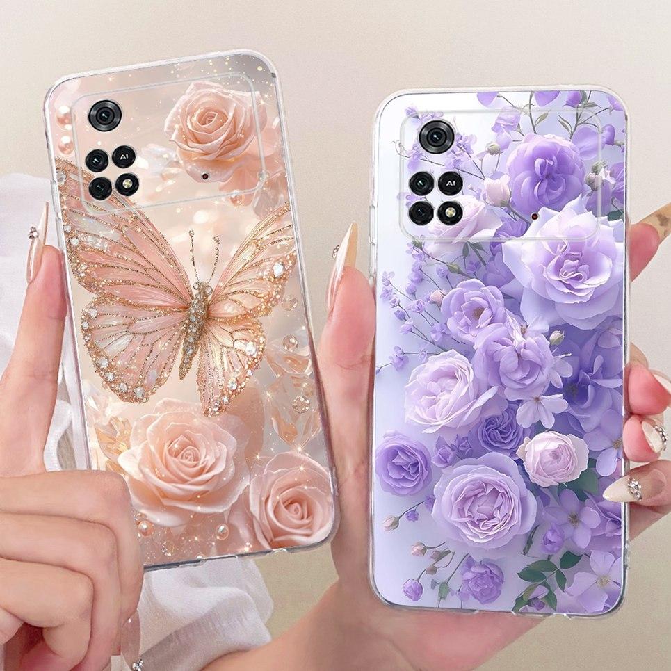 Luxus Blume Schmetterling Schleife Muster Hülle Für Xiaomi Poco M4 Pro 4G 5G Rückseite Klare Weiche Silikon Handyhülle Für PocoM4