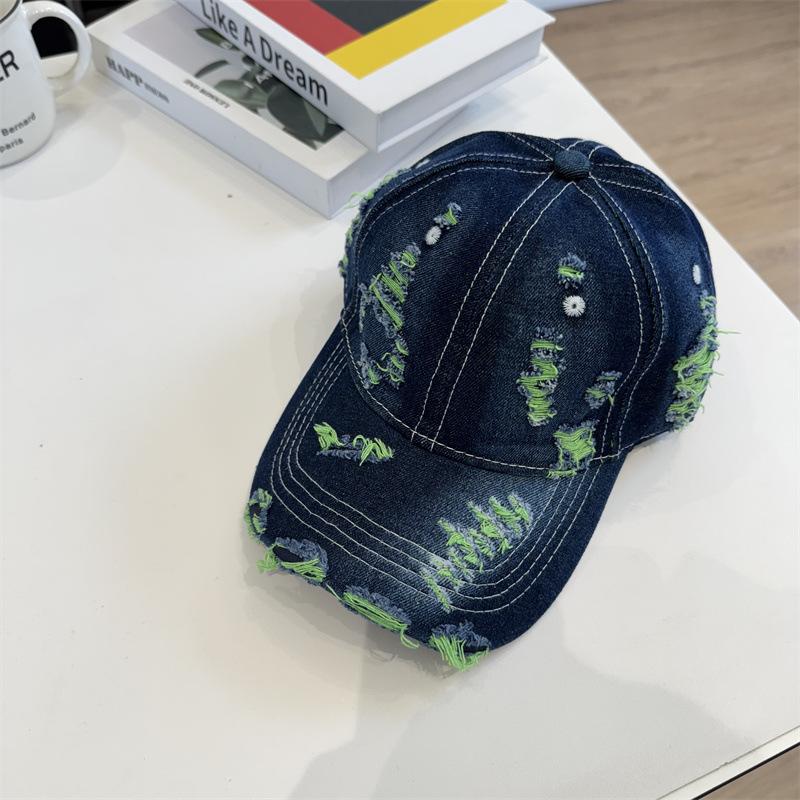 Retro Solid Color Denim Baseball Cap Personalized Fashion Hole Do Old Cap Trendy Men and Women Street Hip Hop Sun Hat
