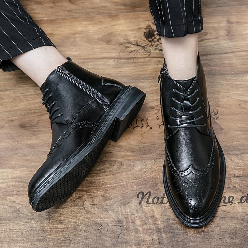 Fashion Trends Top Vintage Old Handmade Men's Brogue Boots Tooling Cow Leather Brown Shoes Warm Plush Zipper Ankle Boots Desert