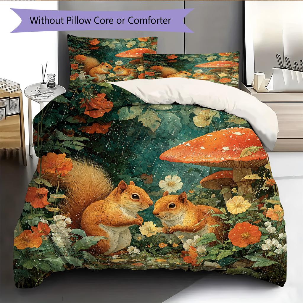 Mushroom Squirrel Pattern Bedding Quilt Set Quilt Cover Pillowcase Home Decoration Gift (1 * Duvet Cover + 2 * Pillowcase, Without Core)