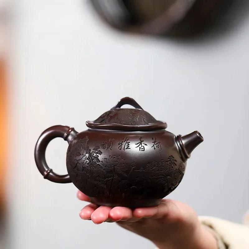 330ml Luxury Yixing Purple Clay Teapots Handmade Lotus Pot Raw Ore Antique Red Mud Kettle With Strainer Zisha Tea Set Craft