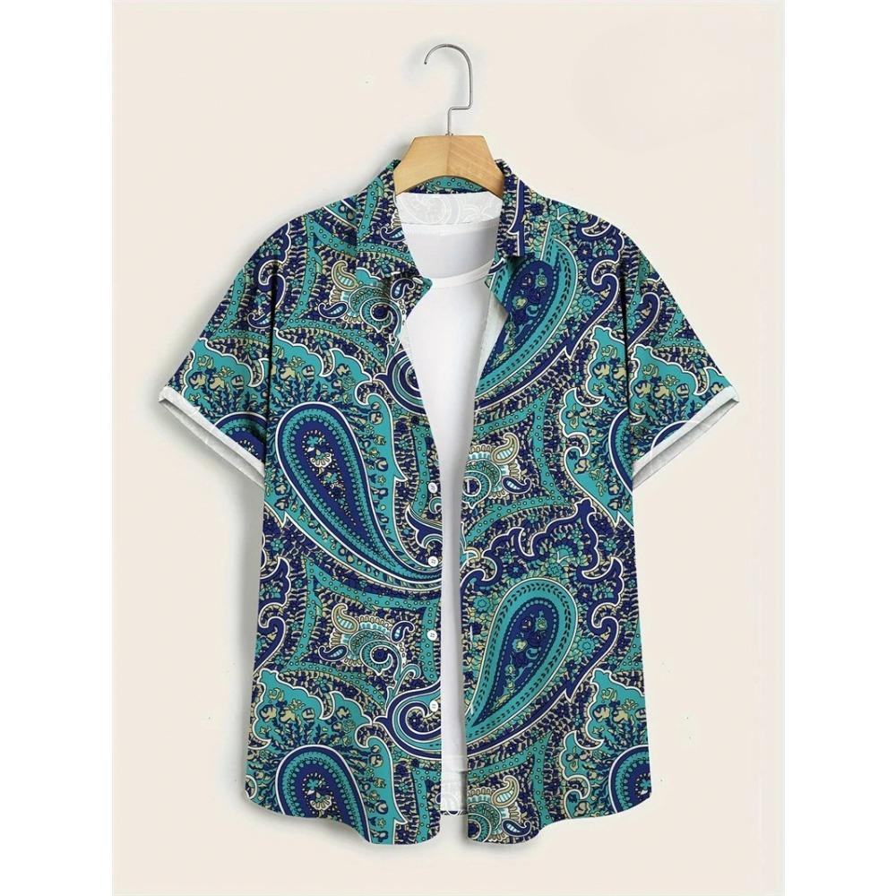 Hawaii Shirts for Men 3D Paisley Graphic Short-sleeved T-shirt Casual Lapel Buttons Male Tops Summer Oversized Bohemian Man Tees
