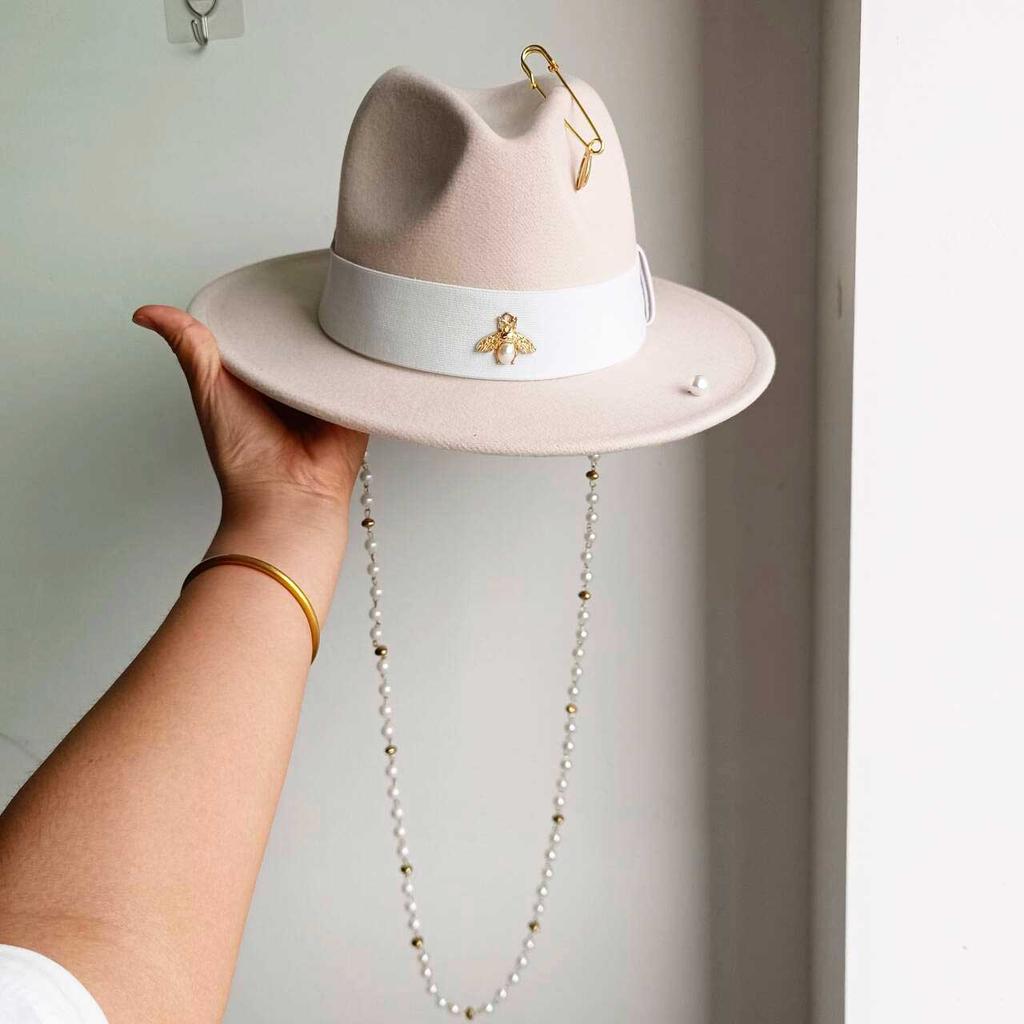 Double Chain Strap Hat Flat Top Fedora French Women's Autumn and Winter Women's Wide Brim Hat Sombrero Hombre
