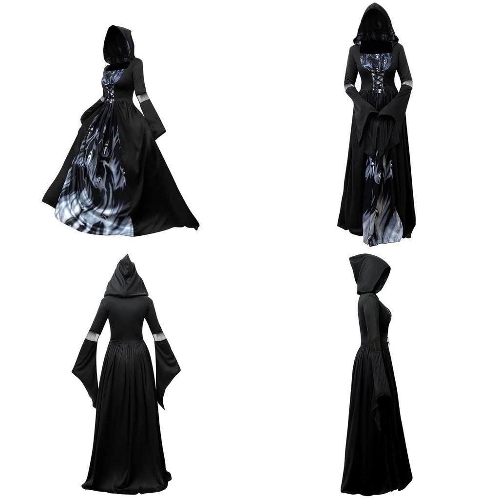 Robe de Sorcière d'Halloween à Capuche Costume Cosplay Pour Femmes En Tissu Polyester Pour Spectacle sur Scène