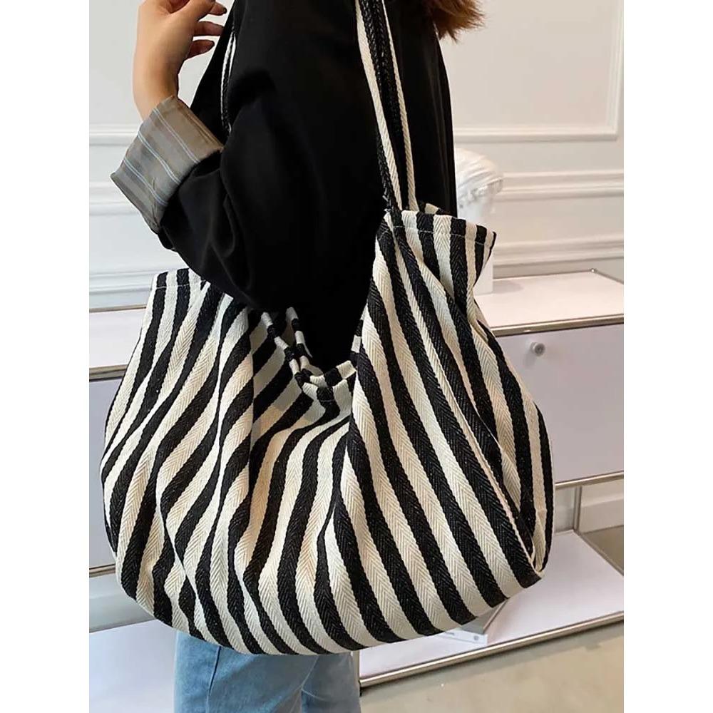 Women'S Tote Bag Striped Canvas Casual Handbags For Women Simple Shopping Large Capacity Woman Shopper School Shoulder Bag Quality