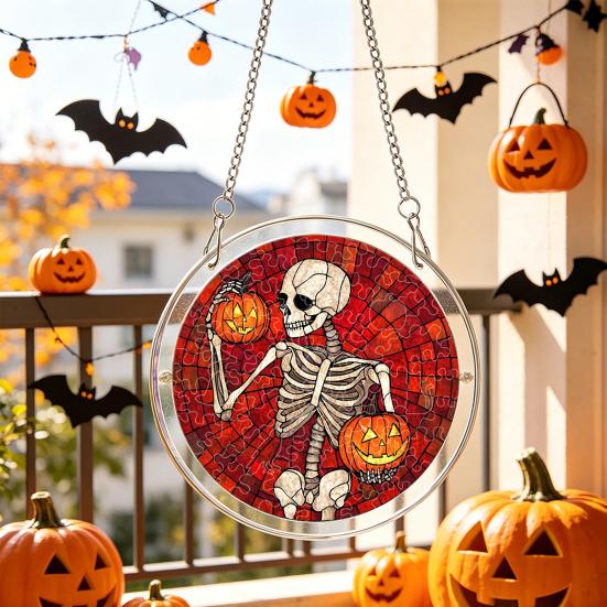 Yousheng Halloween Acrylic Puzzle Decor, 2D Ghost Pumpkin Skeleton Hanging Sign, Faux Stained Glass Spooky Puzzle for Party Home Decor, Stress Relief