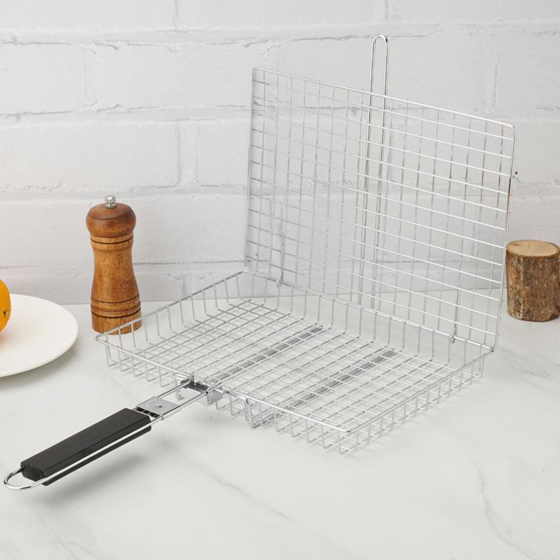 Grill Basket Folding Portable Stainless Steel Bbq Grill Basket With Handle For Fish Vegetables Shrimp Cooking Accessories