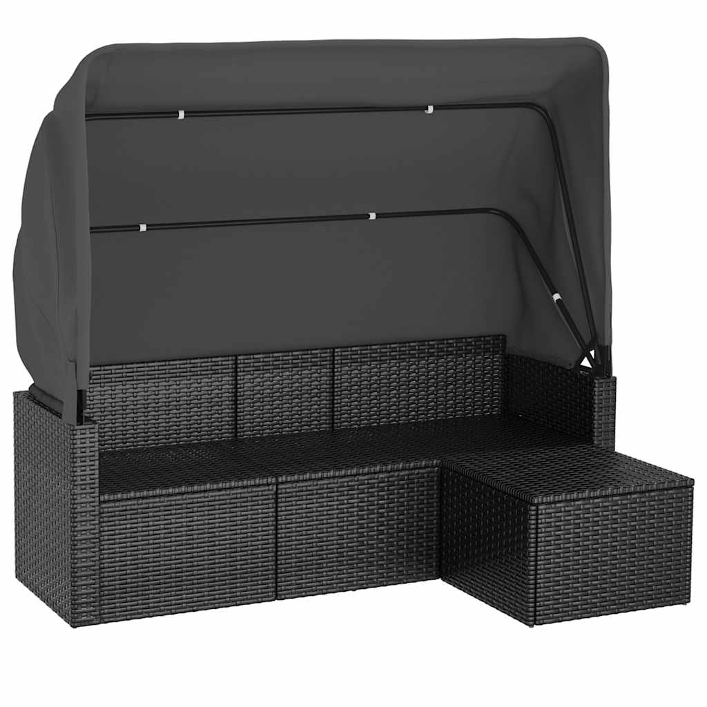 Vidaxl 3-Os. Garden Sofa With Canopy And Footrest, Poly Rattan, Black