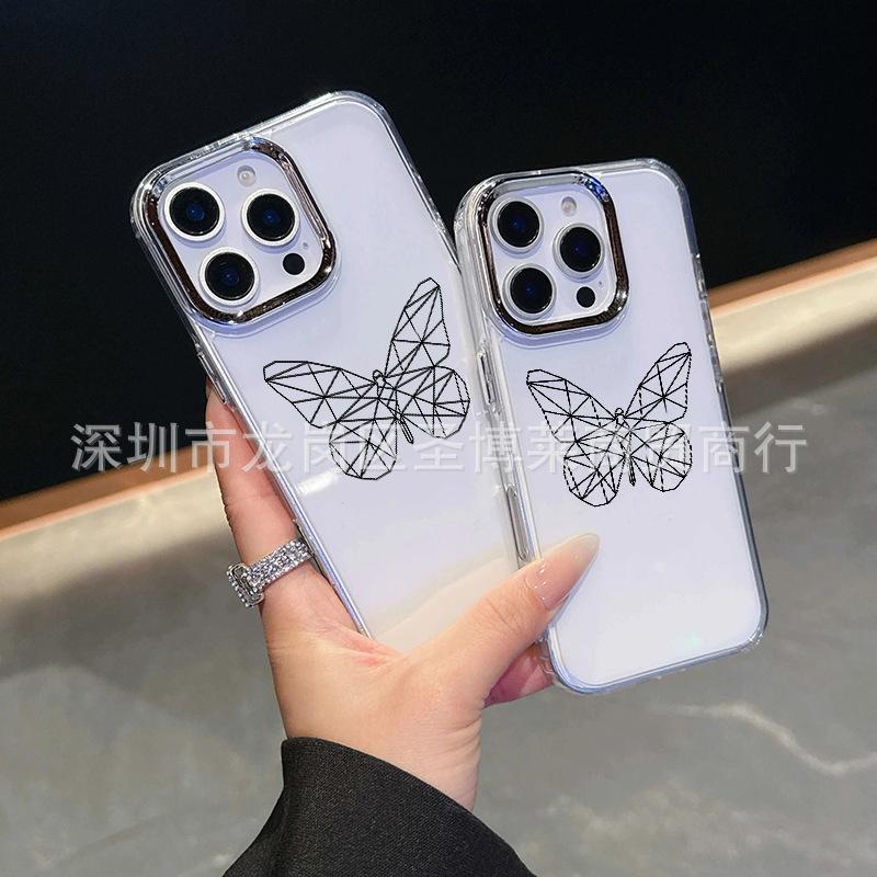Line butterfly for iPhone15promax mobile phone case Apple 16 electroplated photo frame 14/13 protective case 17