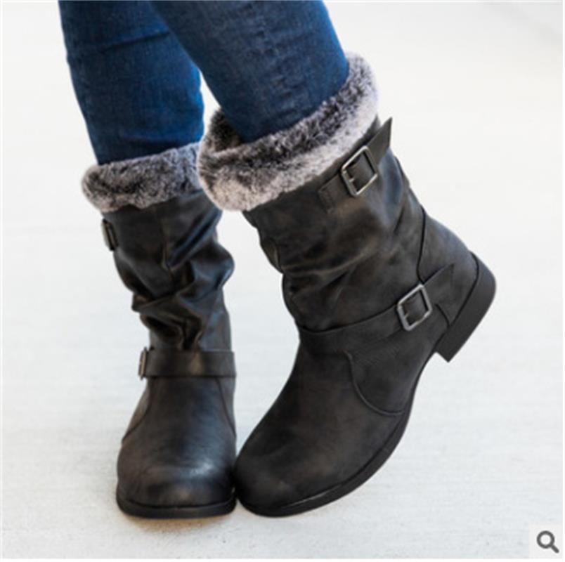 Bottes d'hiver mi-mollet pour femmes, chaussures d'hiver floquées, bottes de neige à la mode pour dames, chaussures cuissardes en daim chaudes Botas Zapatos De Mujer