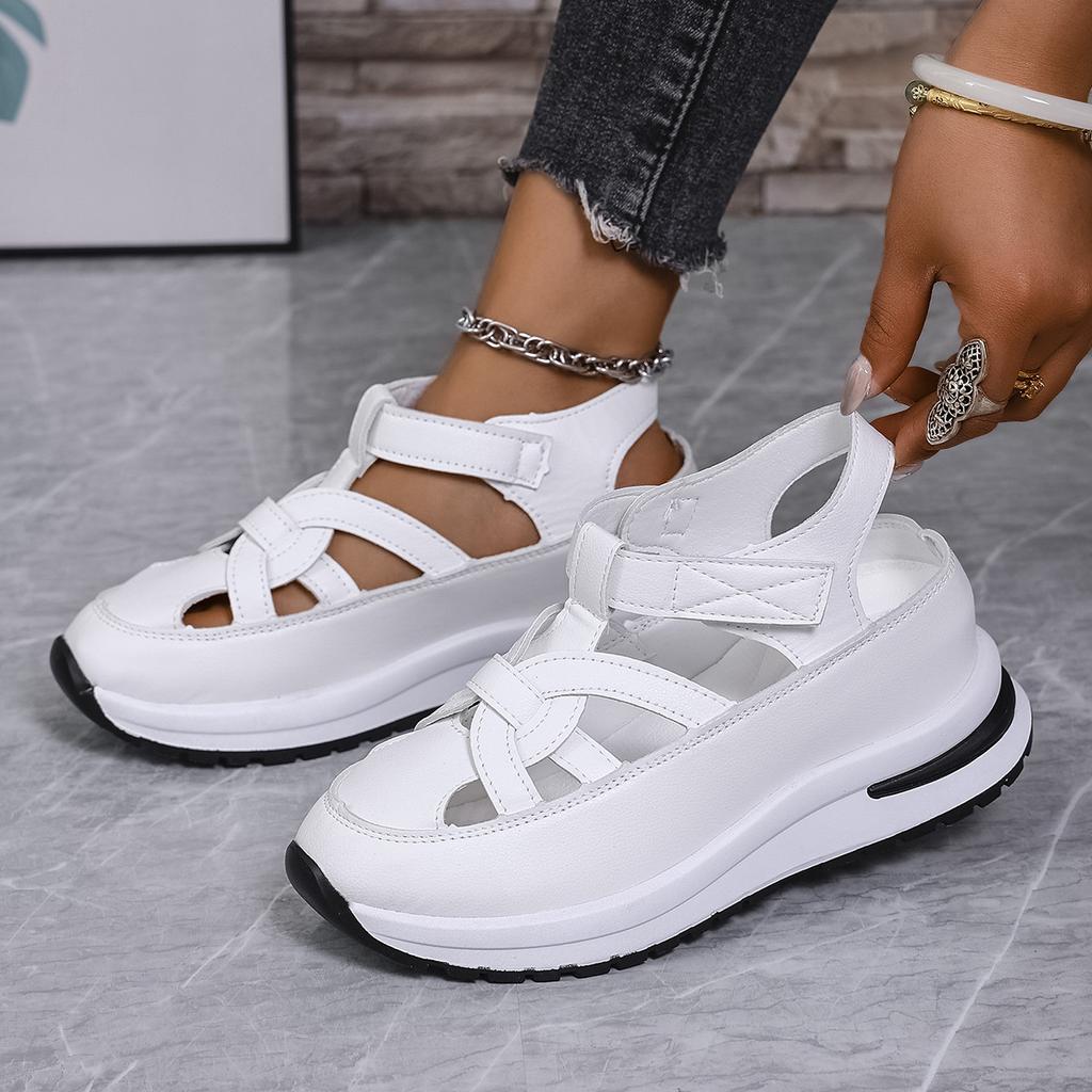 Summer Slope Heel Sandals Bag Head Hollow Breathable Large Size Muffin Thick Sole Velcro Sandals