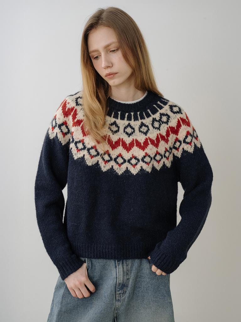 MORELIKEIT Wool Blend Nordic Diamond Pattern Pullover Navy