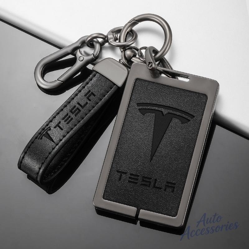 ALA1 Leather Car NFC Card Key Case Cover Zinc Alloy Protection Shell Keychain For Tesla Model 3 Model Y Model S X Keyring Accessories
