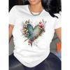 Floral Heart Graphic Women's Fashion Casual Sports T-Shirt Top, Short Sleeve, Round Neck, Leisure Style