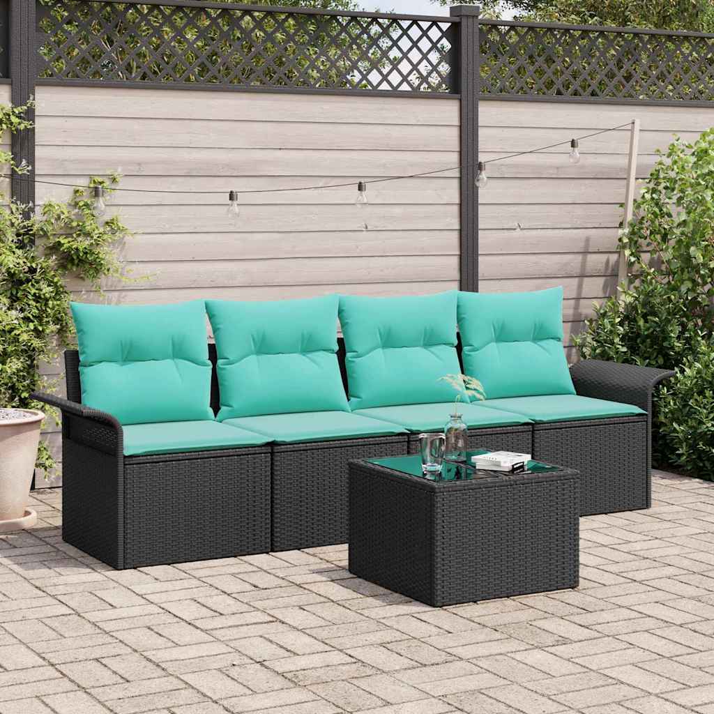 Garden Sofa Set with Cushions 5 Pcs Black and Turquoise Poly Rattan