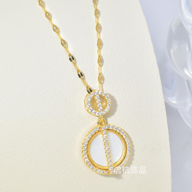 Xiulu Double Ring Necklace Women'S High Sense Versatile Personality Round Micro-Inlaid Pendant Collarbone Chain
