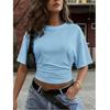 Women Short Sleeve T Shirt Summer Solid Color Crew Neck Slim Fit Ruched Waist Casual Basic Tee Top