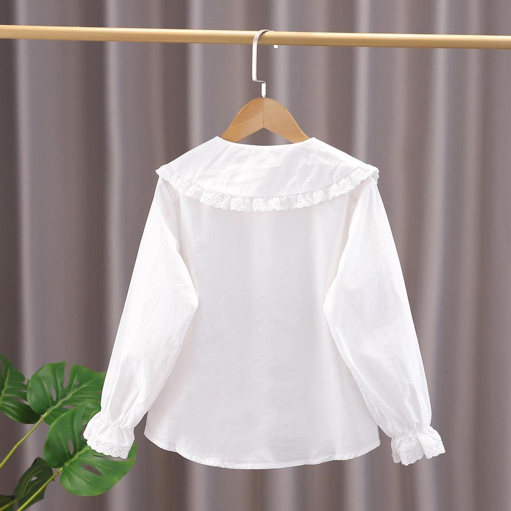 Girls' 100% Cotton White Long-Sleeved Shirt with Doll Collar - Spring/Autumn Style for Older Children