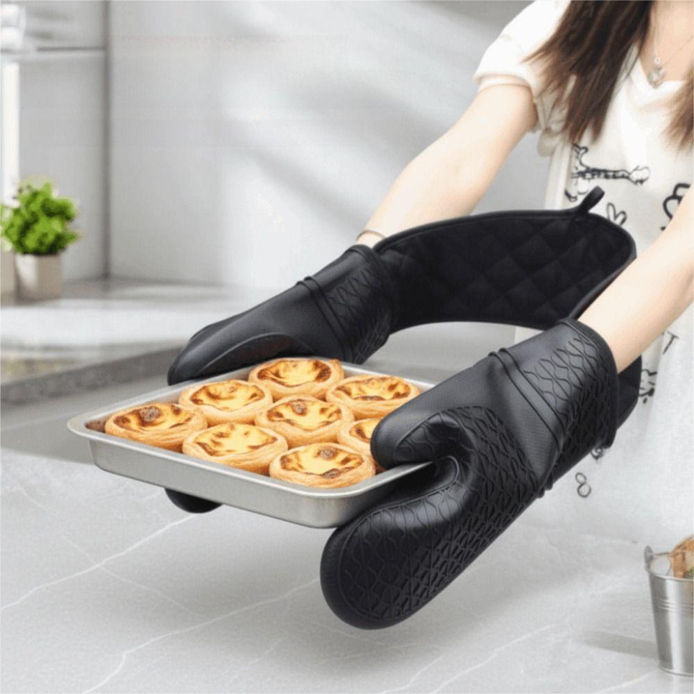 Waterproof Silicone Oven Mitts Insulated Non-Slip Baking Hand Gloves with Hanging Rope Anti-scald Kitchen Microwave Mittens