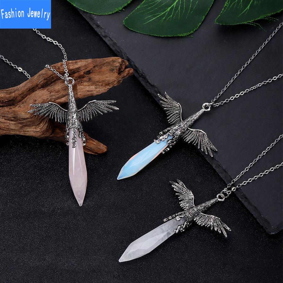 European and American Fashion Angel Wings Natural Crystal Stone Faceted Hexagonal Column Pendant Necklace Necklace