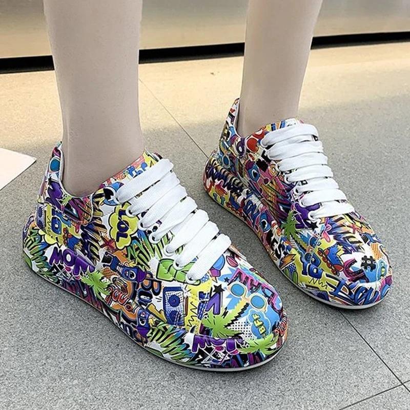 Pantofi sport pentru femei, cu talpă groasă, pentru femei, pantofi albi cu graffiti, pictați manual pentru femei, pantofi casual în aer liber