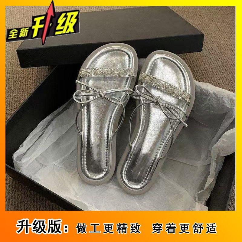 Fairy Wind Bow Slippers Female 2025 New Summer Wear Rhinestone High-end French Small Sandals One-word