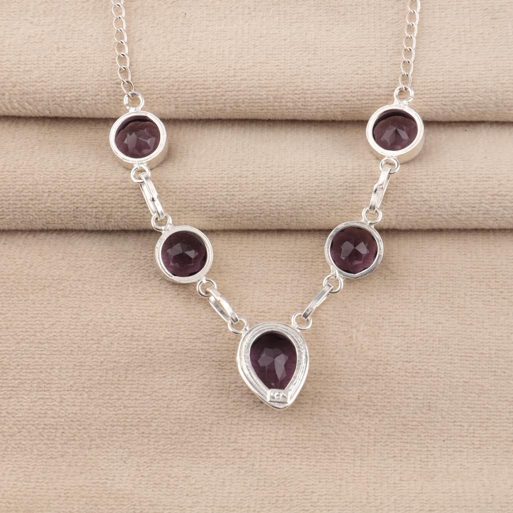 Natürlicher Amethyst Edelstein 925 Sterlingsilber Handgefertigt Damen Schmuck Designer Halskette 16-18" Für Geschenk RN-3-6