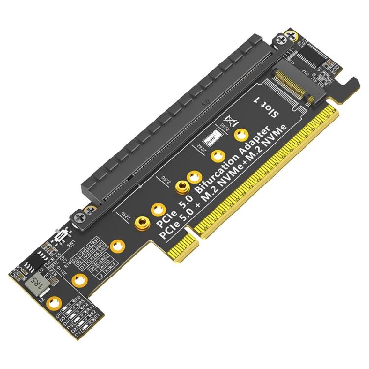 Fast speed PCIe 16X 5.0 to Double NVME + PCIE X16 Adapters Card with AntiInterference for 32Gbps Data Transfer