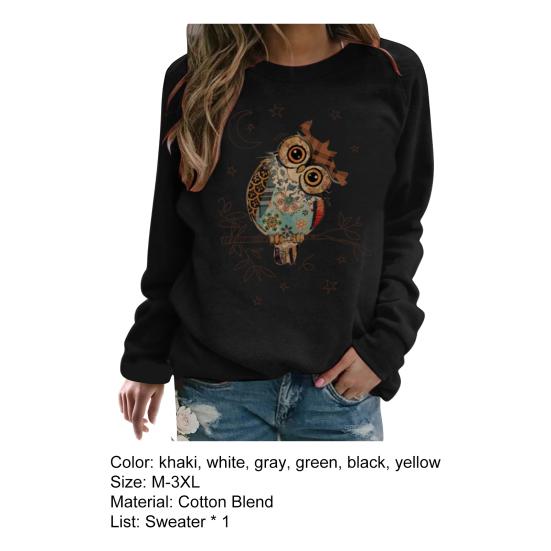 Cute Owl Print Pullover Sweatshirt Long Sleeve Autumn Winter O-Neck Loose Fit Women Sweatshirt Outerwear