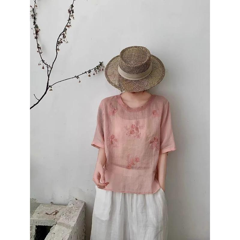 Women Floral Embroidered Round Neck Half Sleeve Linen Cotton Blend Blouse