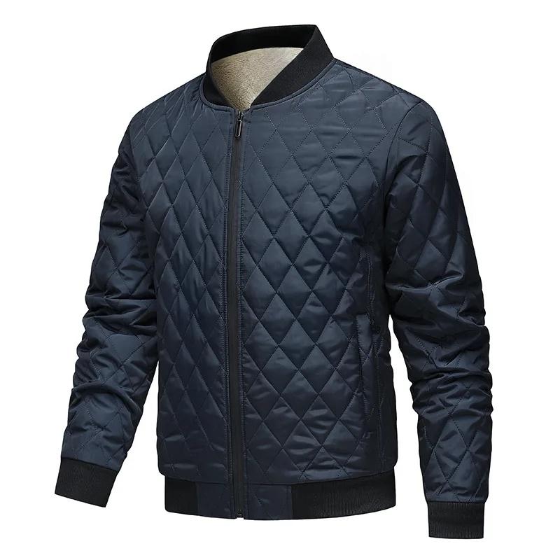 Men's Thickened Fleece Cotton Jacket Autumn Winter Warm Zipper Trendy Diamond Pattern Coat Baseball Collar Men Fashion Overcoat