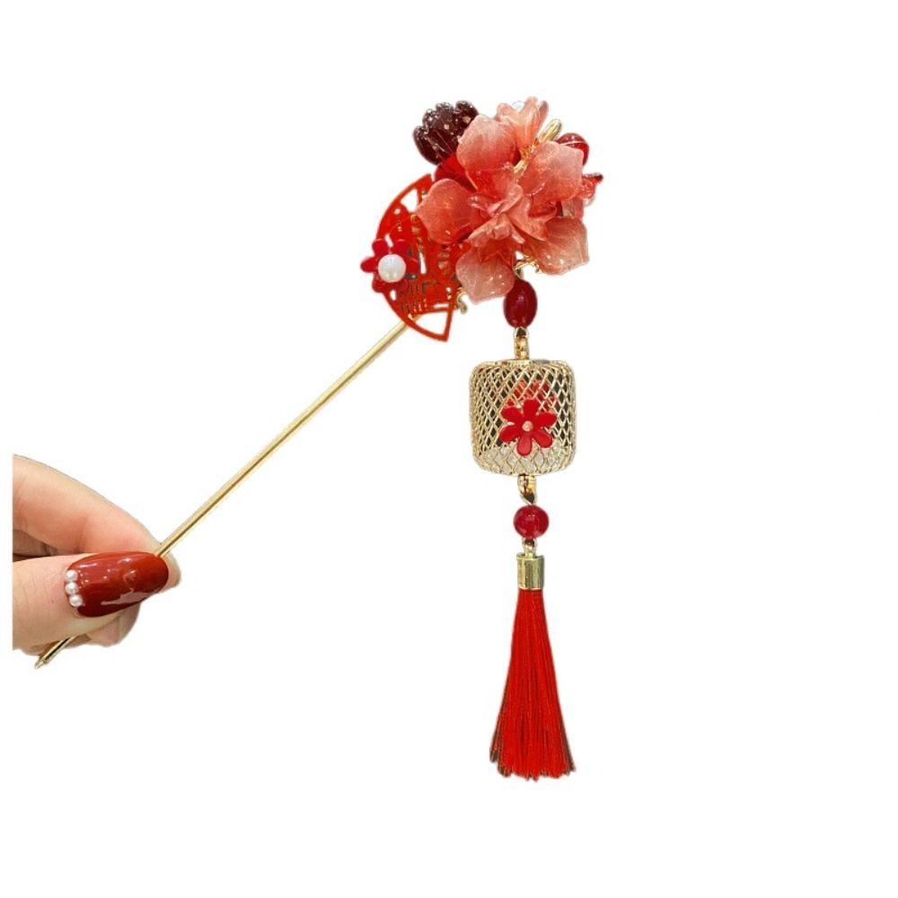 Red Flower Chinese Headwear Classic Hanfu Hairpin Beauty Pendant Hair Stick  Girls