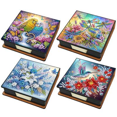 4pcs Flower PU DIY Sticky Note Holder Diamond Art Contains 640 Sheets of Paper Diamond Painting Memo Pad for Office Desk