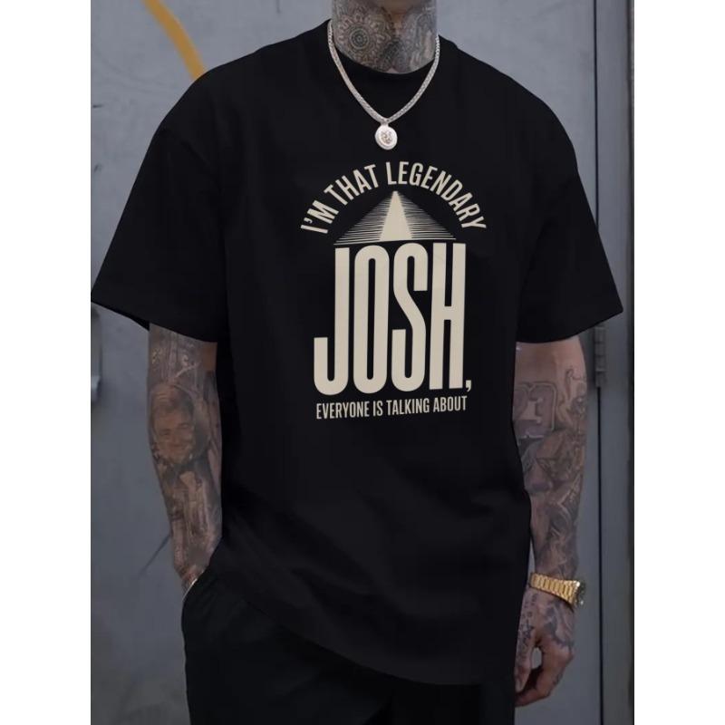 European Size Men's Black Graphic T-Shirt with "I'm That Legendary Josh" Print & Geometric Design - Short Sleeve Round Neck Casual Tee for Summer,
