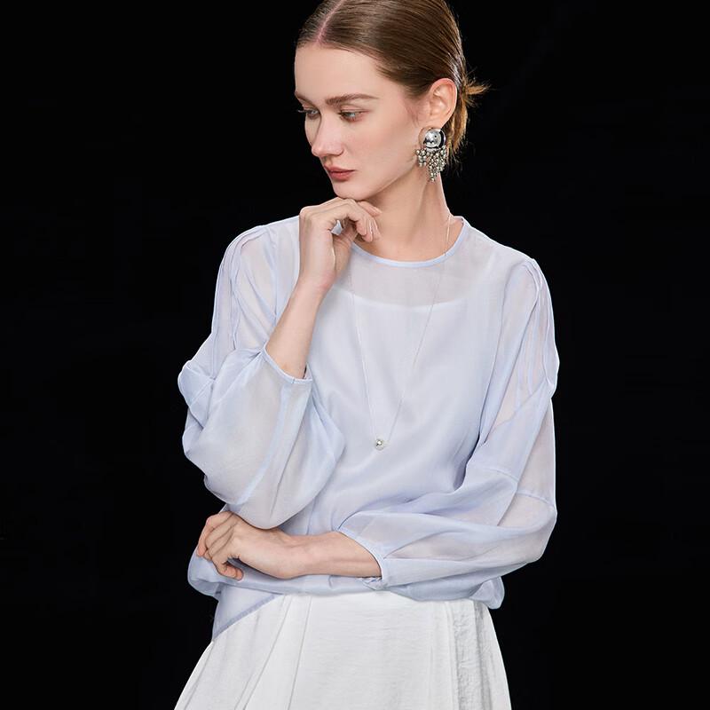 Wudao Mulberry Silk Blend Lightweight Lantern Sleeve Blouse