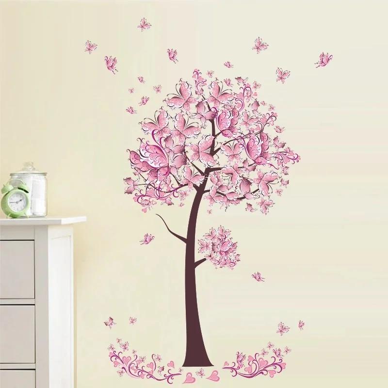 Pink Butterfly Flower Tree Wall Stickers Decals Girls Women Flower Mural Vinyl Wallpaper Home Living Room Bedroom Decor