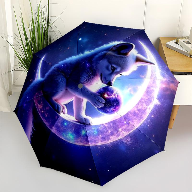 Cute Fluffy Puppy Print Folding Umbrella, Blue Starry Sky Design Compact Sun/Rain Umbrella