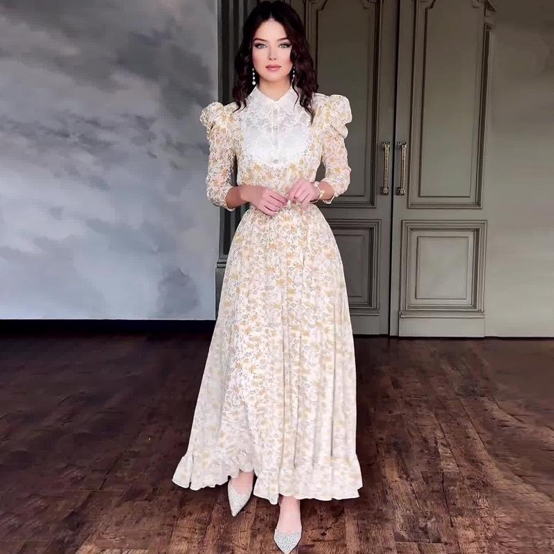 Women's Floral Lace Slimming Dress with Peter Pan Collar