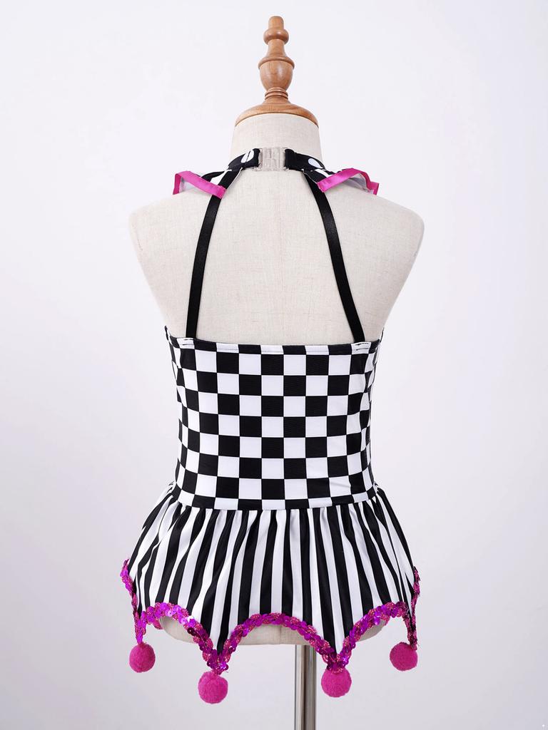 Kids Girls Clown Pompoms Tutu Dress Halloween Circus Party Cosplay Fancy Dress Up Costume