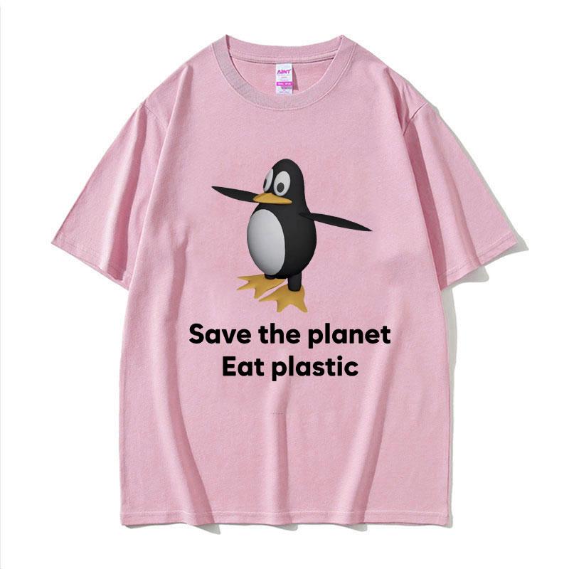 Save The Earth Eat Plastic Funny Meme TShirt Cute Penguin Graphics Mens T Shirt Fashion Casual Oversized Short Sleeve Tshirts