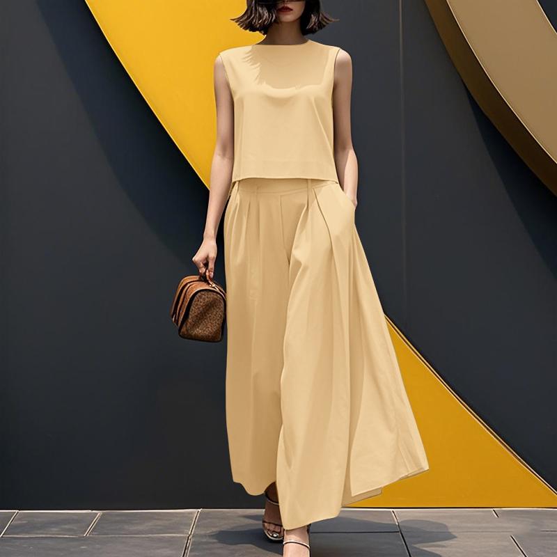 ZANZEA Women Sleeveless Tank Tops and Wide Leg Pants Summer Two Piece Suit Sets
