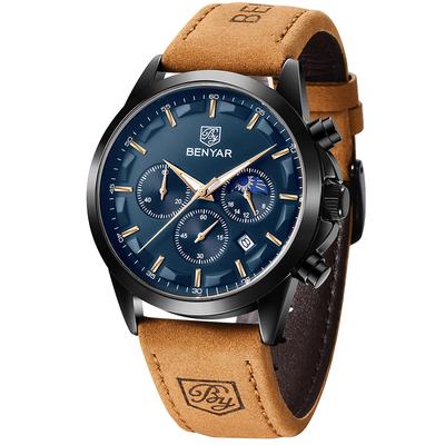 Montre Chronographe Multi-Calendrier pour Homme BENYAR avec Bracelet en Cuir, Résistante à l'Eau et aux Rayures, pour Tenue d'Affaires et Formelle
