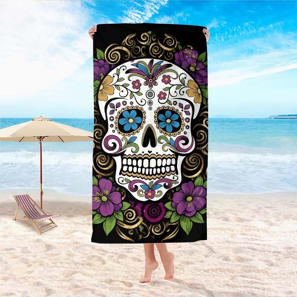 1pc Mexican Day of the Dead Sugar Skull Beach Towel Ultra-Absorbent Quick-Dry Microfiber,Multicolor Calavera Design Lightweight