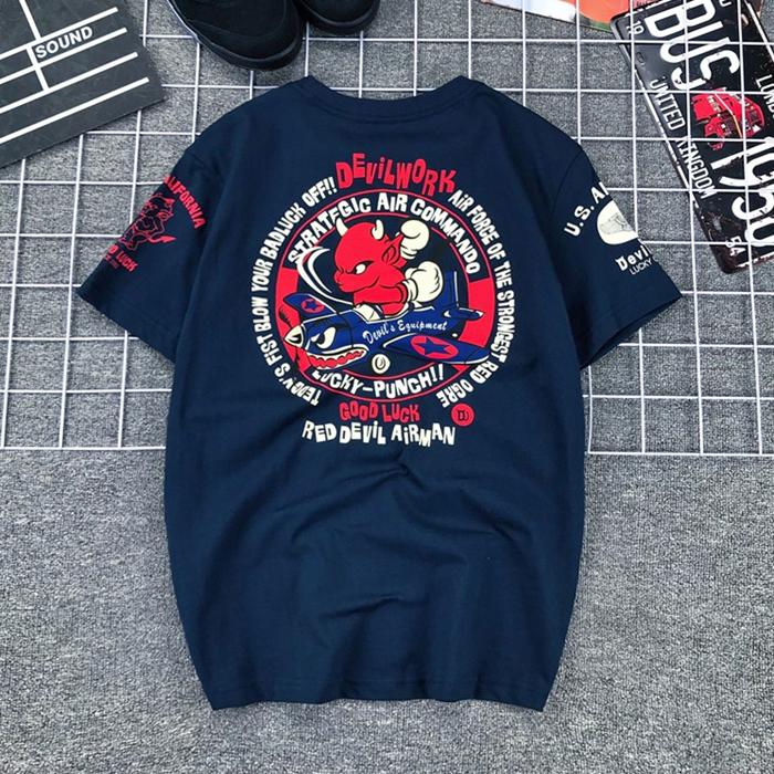 Japan Lucky Ghost Little Devil Shark Fighter Plane Printed Locomotive Cotton Short-sleeved T-shirt Men Women Half-sleeved Tide
