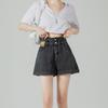 Dambyxa i hög midja, denimshorts - Sommar, tunn stil, dubbelknäppning, lapptäcksmönster, uppvikt fåll, A-linje, vida ben, lös passform, smickrande hotpants