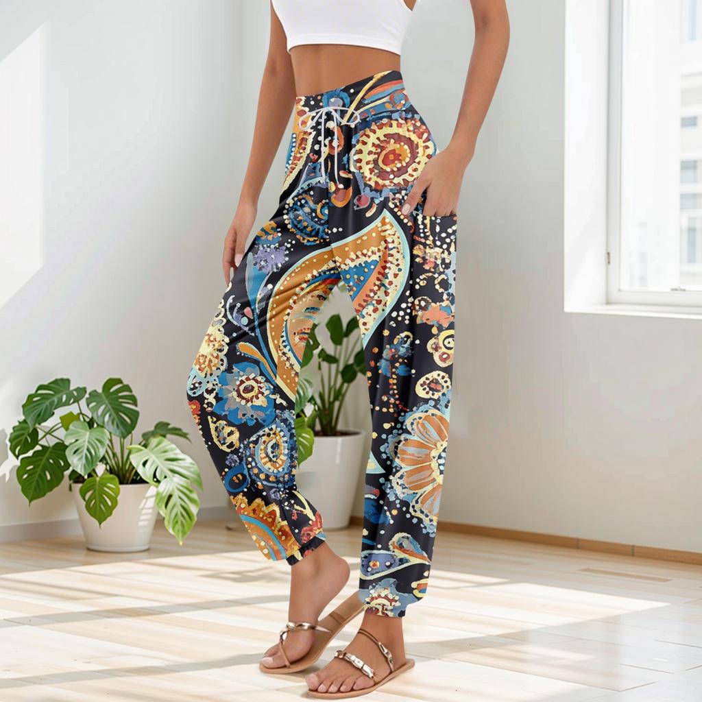 Women's Pocket Drawstring Trousers High Waist Yoga Bohemian Printed Casual Pants