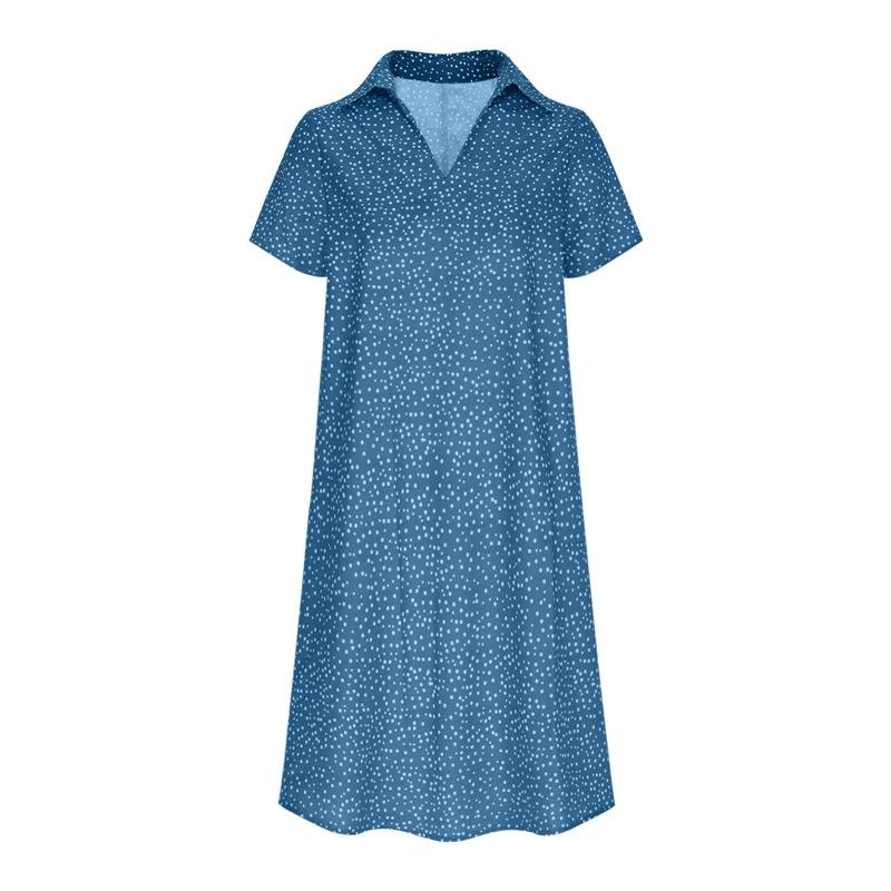 Women Summer Midi Dress V-Neck Short Sleeve Printed Polka Dot Long Dress