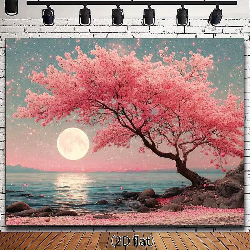2D Sakura Moon Backdrop, Cherry Blossom Tree Photography Background